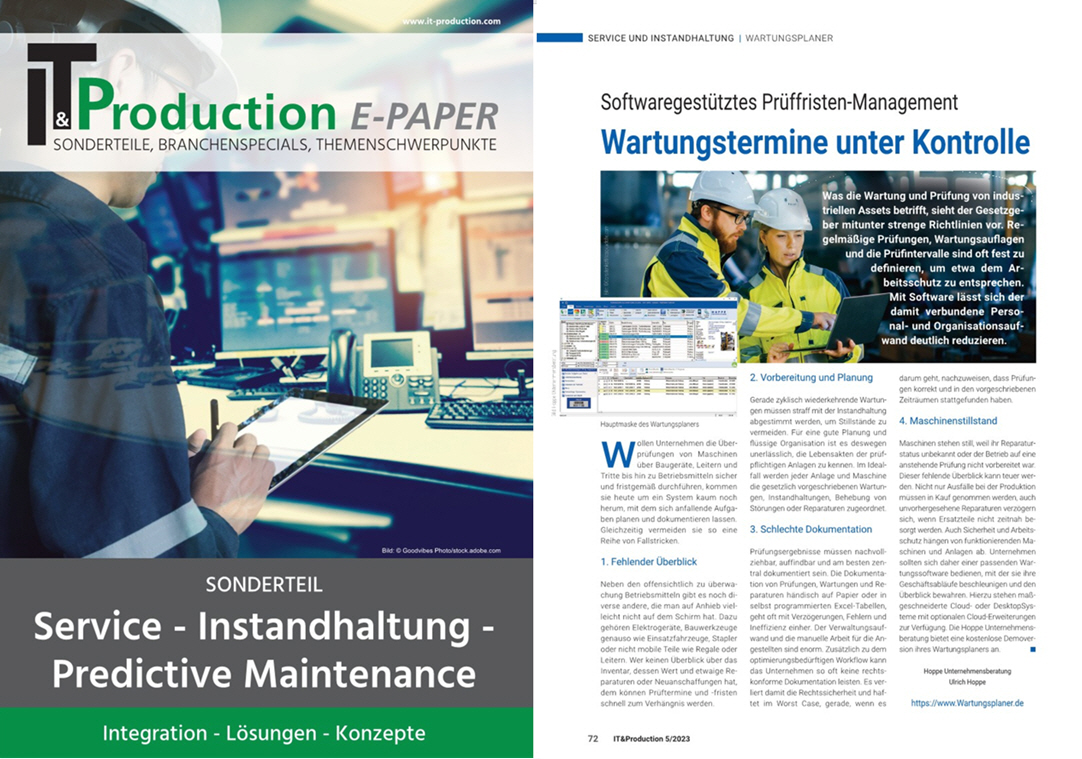 IT & Production, Zeitschrift f�r erfolgreiche Produktion - TeDo Verlag GmbH Wartungstermine unter Kontrolle
