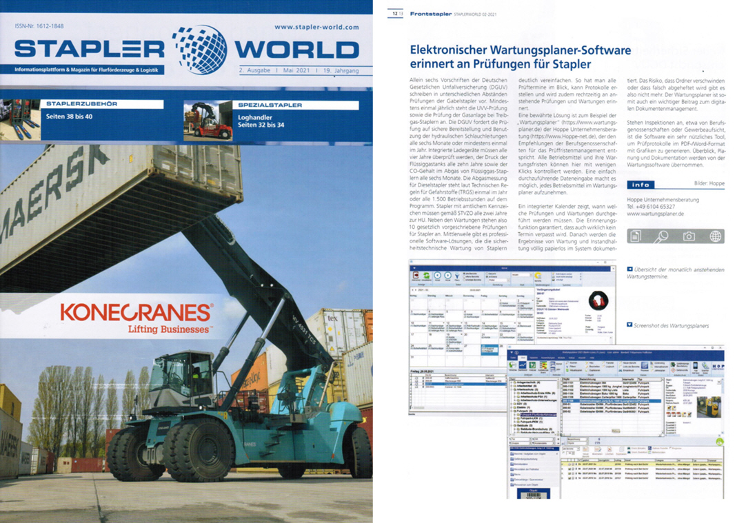 Staplerworld / 06-21 TechTex-Verlag GmbH & Co. KG Elektronische Wartungsplaner Software erinnert an Pr�fungen f�r Stapler
