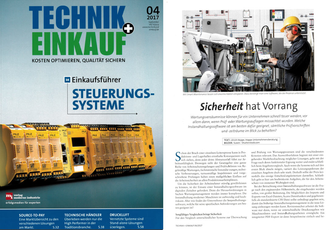 Technik+Einkauf Sep./17 Sicherheit hat Vorgang - Welche Instandhaltungssoftware ist am besten daf�r geeignet, s�mtliche Pr�fvorschriften und -zeitr�ume im Blick zu halten.