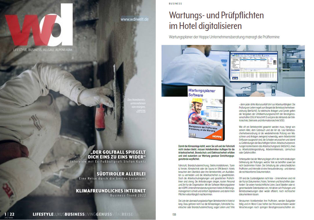 Wirtschaft Dienstleistungen WD-Welt / 03-22 ALPEN-VERLAGSGRUPPE OHG, Wartungs- und Pr�fpflichten im Hotel digitalisieren