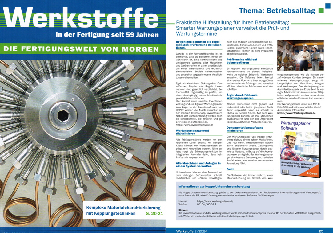 Werkstoffe in der Fertigung 04/24 Smarter Wartungsplaner verwaltet die Pr�f- und Wartungstermine - HW-Verlag