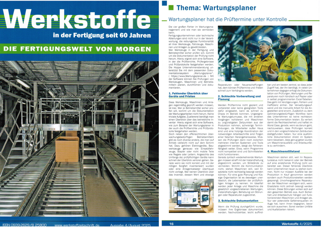 Werkstoffe in der Fertigung  HW Verlag / 06-25 Wartungsplaner Software hat die Pr�ftermine unter Kontrolle